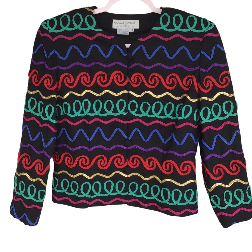 Vintage Maggy London 80s ribbon Print Black Jacket